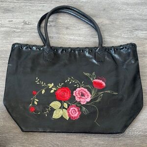Black Floral Embroidered Boho Tote Bag